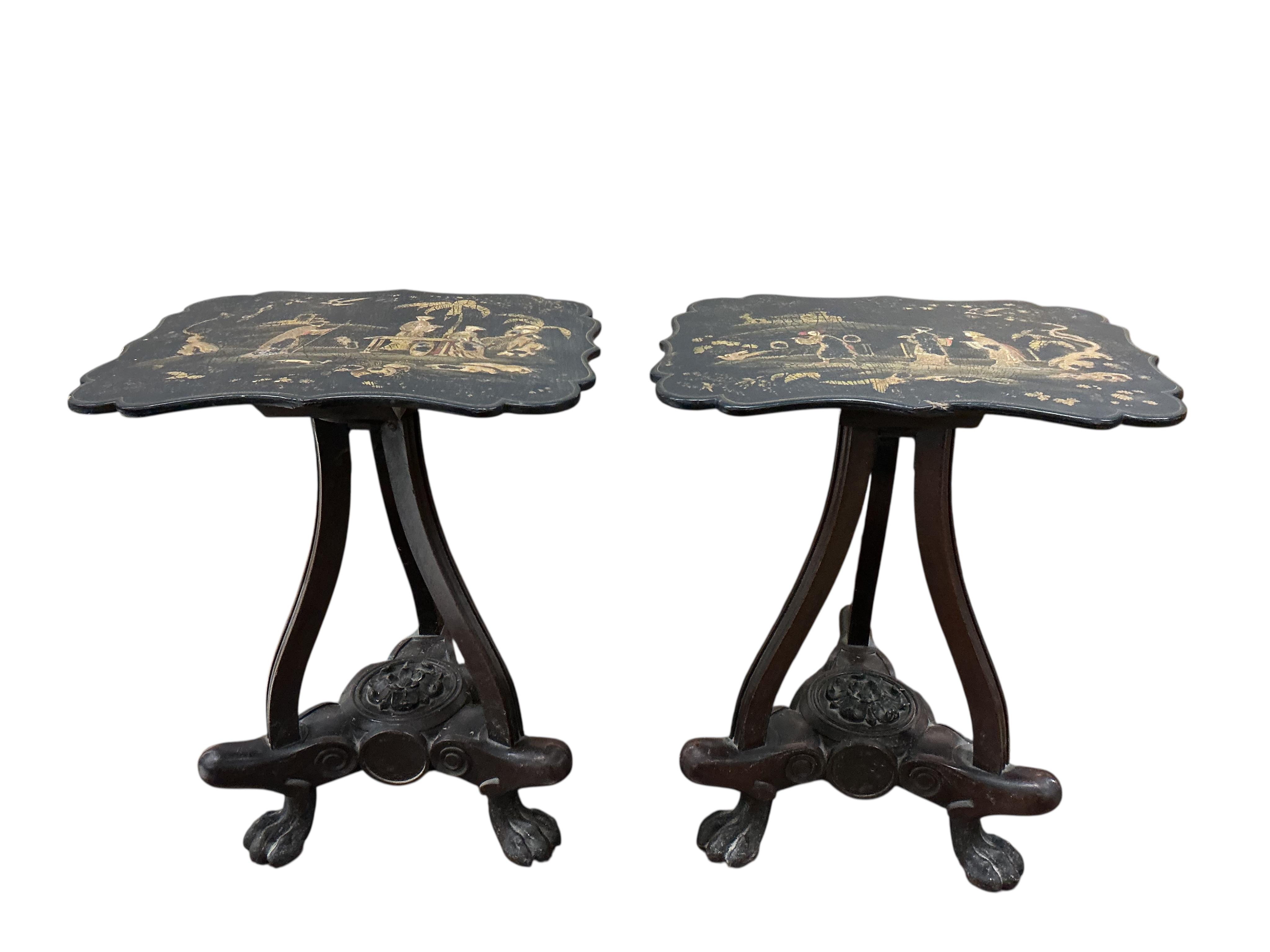 A pair of chinoiserie lacquer papier maché occasional tables with mahogany and cast iron underframes converted from polescreens, width 37cm, depth 29cm, height 46cm